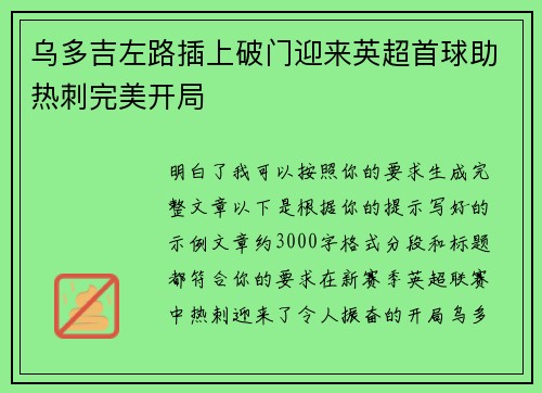 乌多吉左路插上破门迎来英超首球助热刺完美开局
