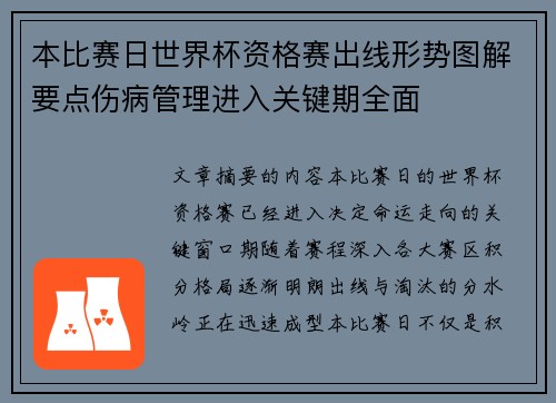 本比赛日世界杯资格赛出线形势图解要点伤病管理进入关键期全面 本比赛日世界杯资格赛出线形势图解要点伤病管理进入关键期全面
